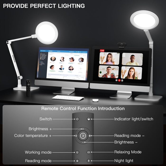 LED лампа настільна з денним світлом для відеоконференцій, офісна лампа з підставкою, регульована з 4 режимами кольору, 18W світло для відео, захищає очі, підходить для дому та офісу, матовий білий