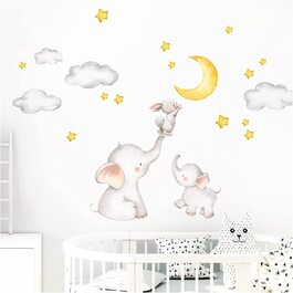 Наклейка на стіну для дитячої кімнати Little Deco – слоненя й кролик із місяцем і зірками, 163x95 см, декор для дівчаток і хлопчиків