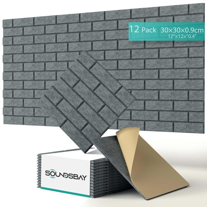 Самоклеючі акустичні панелі для шумоізоляції стін, звукопоглинаючі плити-цеглини високої щільності для декору та звукозахисту, 30x30x0.9 см, темно-сірі (12 шт)