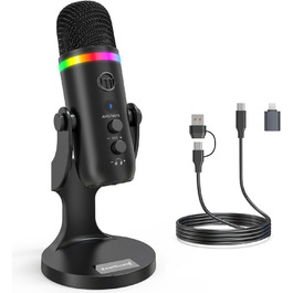 USB мікрофон Zealsound RGB для ПК, iPhone, стримінгу, YouTube, Discord, PS5, Mac. Підтримка USB-C та Lightning, шумозаглушення, Plug & Play