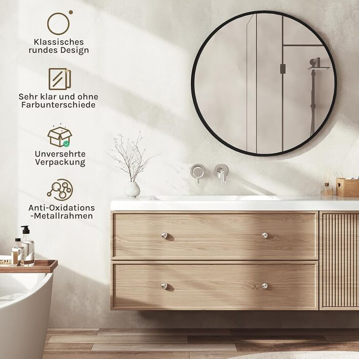 Круглий настінний дзеркало WOLTU 40 см з рамою, сучасний декор для ванної, спальні, вітальні, коридору, декоративне дзеркало для макіяжу зі скла, металу та MDF, з гачком (71L x 71B см, Чорний)