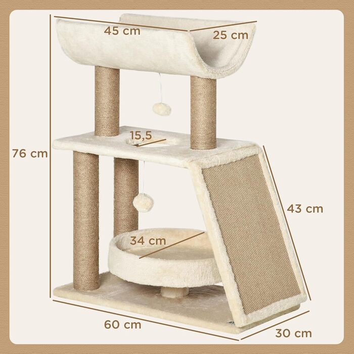 Кігтеточка PawHut для котів 76 см з іграшками, лежаком та когтешматкою, багатоповерхова, для середніх котів, світло-коричнева