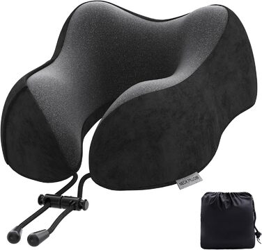 Подушка для шиї у подорожах: автомобільна, для літака, з memory foam та м'яким чохлом. Підходить для дорослих, офісу, дому та кемпінгу (Чорний)
