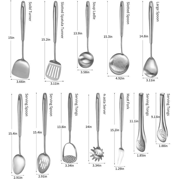 Набір кухонних аксесуарів з нержавіючої сталі 304, 12 предметів. Комплект кухонного начиння з лопаткою, половником, ложками, шумівкою, лопаткою для перевертання, щипцями (сріблястий, придатний для миття в посудомийній машині)