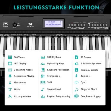 MUSTAR 61-клавішна клавіатура-піаніно для початківців, цифрова клавіатура з підсвічуванням, динаміками, стійкою, табуретом, навушниками, мікрофоном, підставкою для нот, 300 звуками та уроками музики (Чорний)