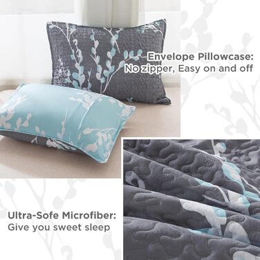 Набір постільної білизни Andency з квітковим малюнком, King Size (277x244 см), 3-частини (блакитно-зелена ковдра з малюнком та 2 наволочки), літній, легкий, двосторонній, мікрофібра, блакитно-зелений колір