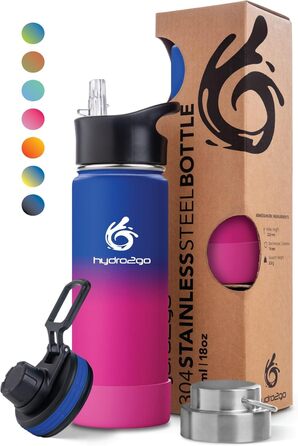 Stainless Steel Water Bottle – BPA-Free Thermo Bottle for Kids, School, Sports & Outdoors – Keeps Drinks Hot up to 12H and Cold up to 24H – Includes 3 Drinking Caps – (Passion, 530 ml)