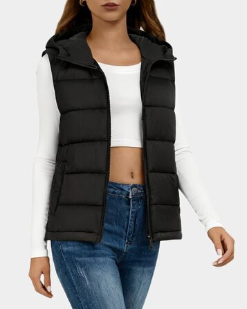 Жіноча жилетка короткої моделі, елегантна безрукавка, тепла зимова куртка з капюшоном, легка степна жилетка, чорний колір, розмір M