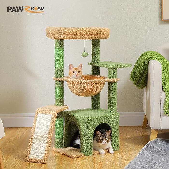 Дерев'яний комплекс для котів PAWZ Road Kaktus з великою печерою, сизалевим покриттям, 3 стовпчиками для шліфування кігтів, гамаком та стійкою, 90 см, Рожевий (зелений)