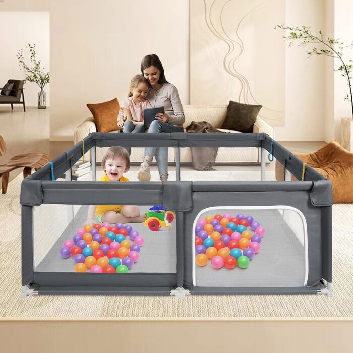 Дитячий манеж IBVIVIC 120x120 см, темно-сірий, з дихаючою сіткою та нековзною основою, огорожа для немовлят і малюків, 300D оксфордська тканина