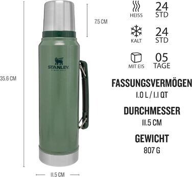 Stanley Classic Legendary Thermos Bottle 1L - Thermos Keeps Drinks Hot or Cold for 24 Hours - Stainless Steel Thermos - BPA-Free - Dishwasher Safe - Hammertone Green