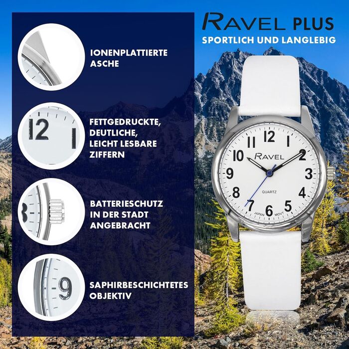 Годинник Ravel Plus - Екстра Довге Життя, Унісекс, на Ремінь з Мікрофібри, Аналоговий Кварц (Японія), Корпус 40 мм, Білий/Сріблястий/Біле ЦИФЕРБЛАТ