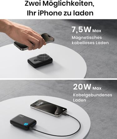 Магнітний повербанк сумісний з чохлом MagSafe, 10000mAh, бездротова швидка зарядка, USB-C вхід/вихід, зовнішній акумулятор для iPhone 15 14 13 12 Pro Max