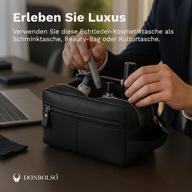 Сумка для косметики DONBOLSO Stockholm - Преміум шкіряна сумка для подорожей - Шкіряна косметичка для жінок та чоловіків з великою кількістю відділень - 25x13x15 см, Вінтажний чорний колір