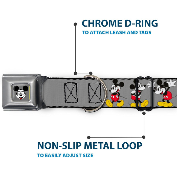 Нашийник для собак Buckle-Down Mickey Mouse з окулярами, сірий, повний колір, ширина 3.8 см, розмір 41-58 см