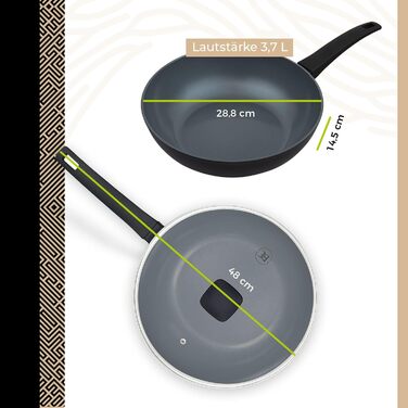 Набір сковорідок Be Living Delight 4 шт. (20/24/28 см + Вок 28 см з кришкою), антипригарне покриття кераміка, для індукційних плит, без PTFE та PFOA, чорний