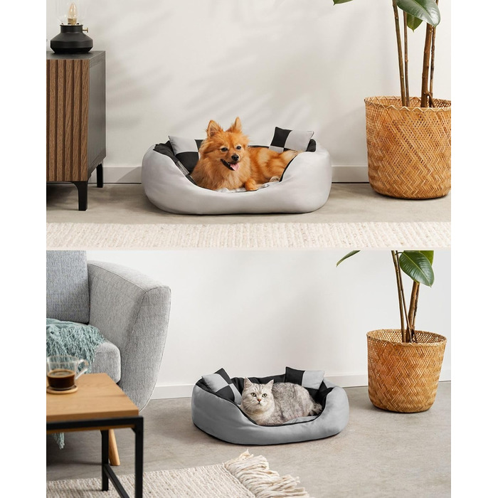 Ліжко для собак та котів Lionto 4-в-1 з воротком, 65x50 см, водовідштовхувальне, сіре/чорне, з декоративною подушкою