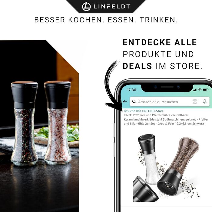 Набір з 2 мельниць для солі та перцю з регульованим керамічним жорном, нержавіюча сталь, придатні для миття в посудомийній машині, чорний, 19,2x6,5 см