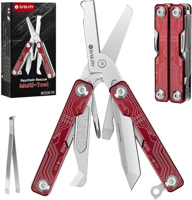 Мультитул BIBURY 10-в-1 з прихованими пінцетами, рубіжником, відсікачем ременя - для кемпінгу, риболовлі, активного відпочинку. Ідеальний подарунок для жінок та чоловіків (Червоний)