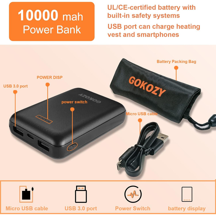 Обогревна жилетка Gokozy для жінок з power bank 10000mAh, 5 зон обігріву, швидкий нагрів, електрична жилетка для туризму та роботи на відкритому повітрі (S, чорний)