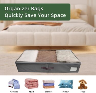 Коробки для зберігання під ліжком, 2 шт. з боковими стійками, сірі. Підходять для постільної білизни, одягу та ковдр.