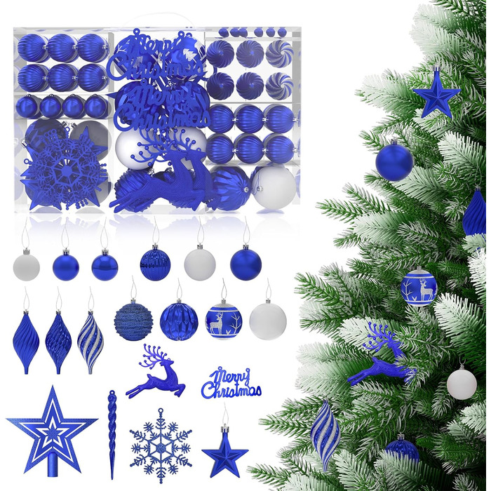 Набір прикрас для ялинки Aufun 108 шт. Преміум, пластикові кулі, верхівка, зірка, безпечні прикраси, ялинкові кулі, багаторазові, декор (шампань) (блакитний/срібний)