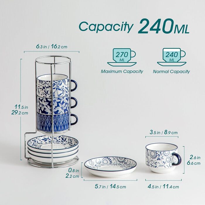 Набір чашок для еспресо Vancasso SELENE: 4 шт., з підставкою та стійкою, блакитно-білий вінтажний дизайн, порцеляна, для кави, капучино, лате та чаю
