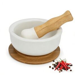 Ступка керамічна з товкачиком на бамбуковій підставці 12 см для спецій та трав - Млинок для перцю, ванілі, морської солі