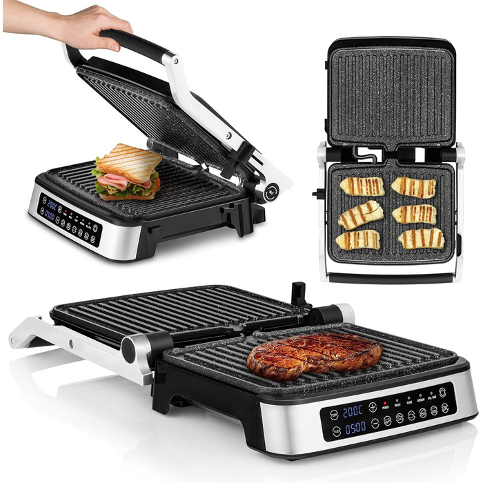 Grill Chef Electric Contact Grill and Sandwich Toaster 2100W, Removable Heating Plates, 2in1, 180° Foldable, Non-Stick Coating, Drip Tray, Acoustic Notifications (SILVER)