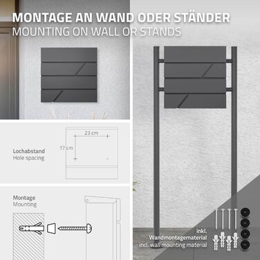 Поштовий ящик настінний ECD Germany з газетницею, антрацит, 37x11x37 см, нержавіюча сталь з порошковим покриттям, 2 ключі, комплект кріплення, сучасний дизайн