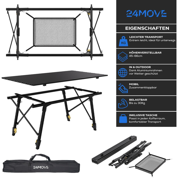 Стол для кемпінгу 24MOVE®: розкладний, з алюмінієвим каркасом, регульована висота, до 30 кг, з сумкою