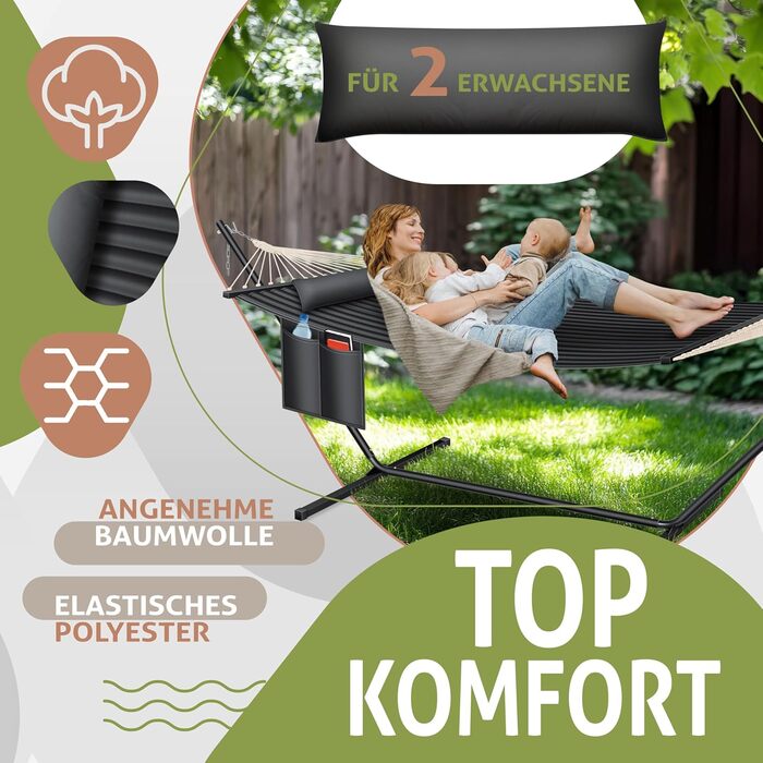KESSER® Hill Hammock with Stand - Double Hammock with Cushion for 2 People - Stable Frame with 200kg (440lbs) Weight Capacity - Indoor & Outdoor Use - XXL Hanging Chair for Two or Multiple People - Garden, Balcony, Terrace, Anthracite