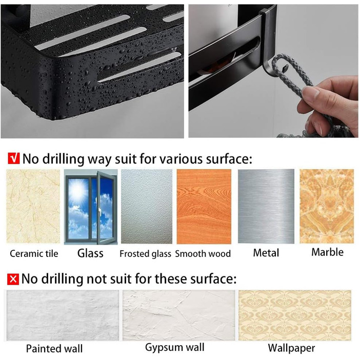 Настінна полиця Yeegout для ванної кімнати з гачками, кутова, чорна, з алюмінію, клейка