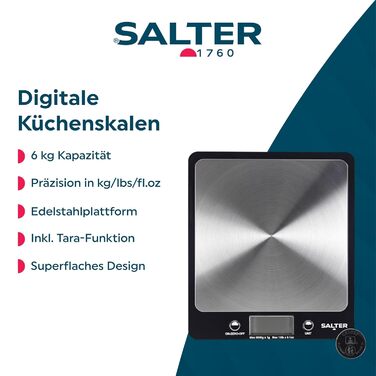 Кухонні ваги Salter 1068 SSBKDR: цифрова вага з нержавіючої сталі, 5 кг, функція тарування, вимірювання рідин (мл/fl.oz), LCD-дисплей, чорний колір, компактний дизайн, легко чистити
