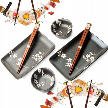 Набір керамічного посуду для суші Edo Japan Anemone Black, чорний у квітів, на 2 особи