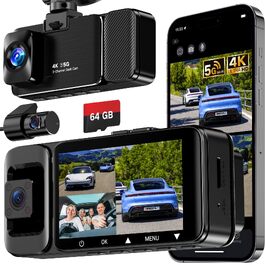 3-канальний автомобільний відеореєстратор 4K (передня, внутрішня та задня камери), кут огляду 170°/150°/150°, нічна зйомка, G-сенсор, циклічний запис, 24гд паркування, карта пам'яті 64 ГБ, чорний