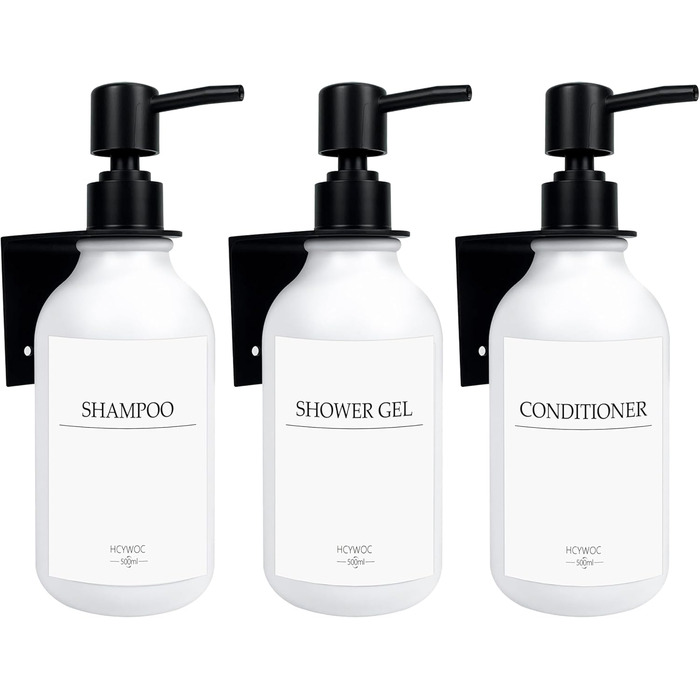 Набір диспенсерів для мила, шампуню та гелю для миття: 3 шт., 500 мл, без свердління, настінний монтаж, етикетки в комплекті, янтарний колір (чорна пляшка + біла помпа)