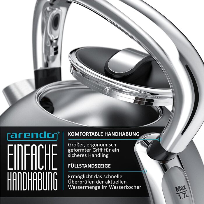 Arendo Retro Stainless Steel Kettle - 2.2L, 2200W, Cool Grey - Electric Kettle with Removable Scale Filter & Auto Shutoff