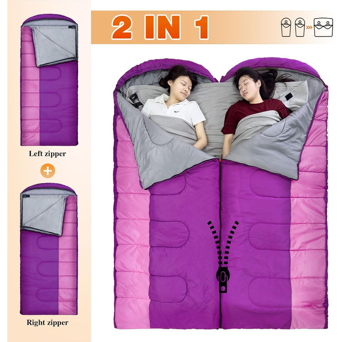 Спальний мішок Outdoor для дорослих, зимовий, машинного прання, водонепроникний, 3-4 сезони, з компресійним мішком, для кемпінгу, піших прогулянок, подорожей, 0℃-Комфорт, ліловий, 220x85CM