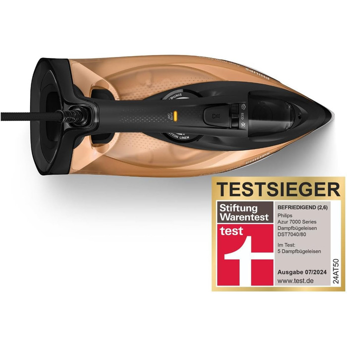Philips 7000 Series Steam Iron, Constant Steam Power of 50 g/min, Steam Boost of 250 g, SteamGlide Elite Soleplate, Automatic Safety Shut-off (DST7040/80) 250 g Steam Boost 50 g Continuous Steam Black/Gold
