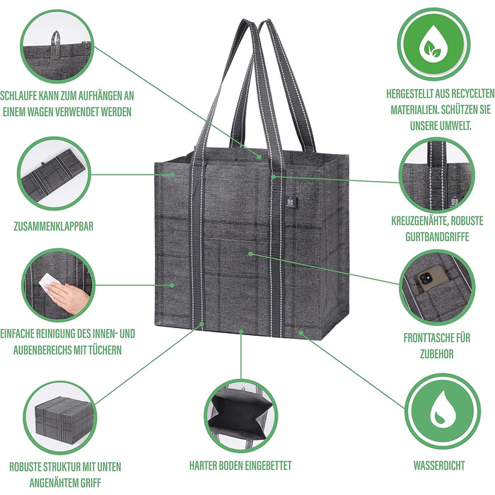 VENO 34 Liter Large Shopping Bag Foldable with Sturdy Bottom and Front Pocket, Reusable Shopping Bags Water-Resistant Shopping Basket for Shopping Picnic (Black Windowpane, 4-Pack)