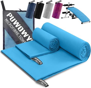 Набір рушників з мікрофібри PUWOWYE (2 шт.): великий (160x80 см) + маленький (80x40 см), швидковисихаючі, для спорту, фітнесу, сауни, пляжу, подорожей та відпочинку на природі (ясний блакитний)