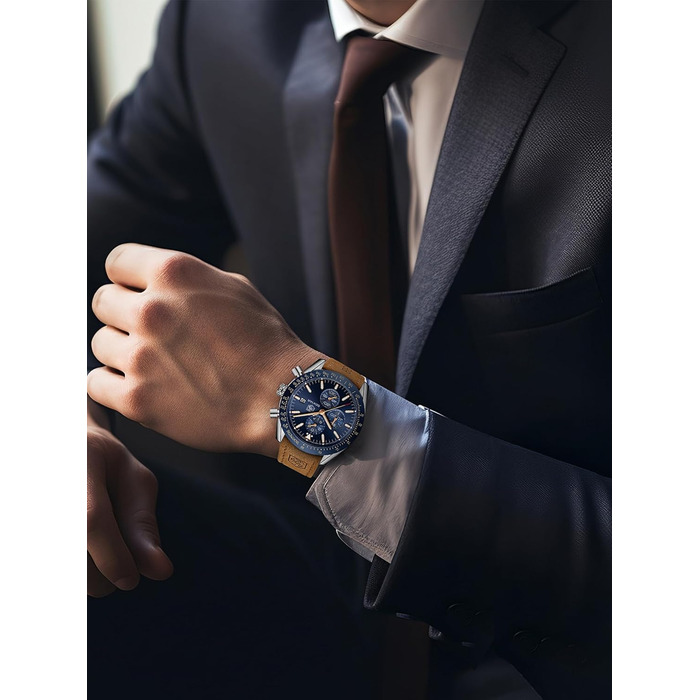 Годинник чоловічий Benyar Chronograph з кварцовим механізмом, аналоговий, з шкіряним ремінцем. Стильний дизайн для бізнесу, спорту та повсякденного носіння. Водостійкий (30M). Елегантний подарунок для чоловіків. Колір: блакитний