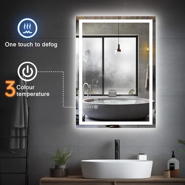 Дзеркало для ванної кімнати зі підсвічуванням 70x50 см, антизапар, сенсорне керування, 3 кольори світла, регулювання яскравості