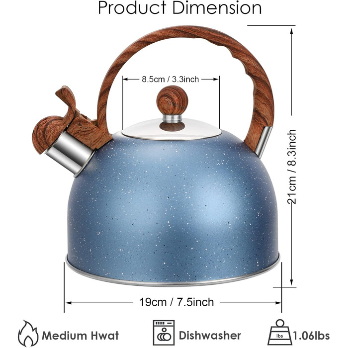 Чайник з свистком 2.5L з нержавіючої сталі для всіх плит, включаючи індукцію, з автоматичним кип'ятінням та дерев'яною ручкою (блакитний)