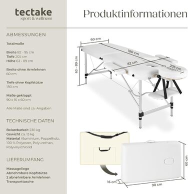 Масажний стіл Tectake 2 зони, складаний, з регулюванням висоти, з аксесуарами (головна підставка, підлокітники, сумка) - чорний