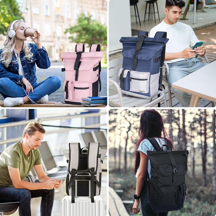 Roll-top Backpack Waterproof, 27L Large Backpack Men Women, School Backpack with 17.3 Inch Laptop Compartment, Travel Backpack Hiking Backpack for Business Work College Travel Leisure (Pink)