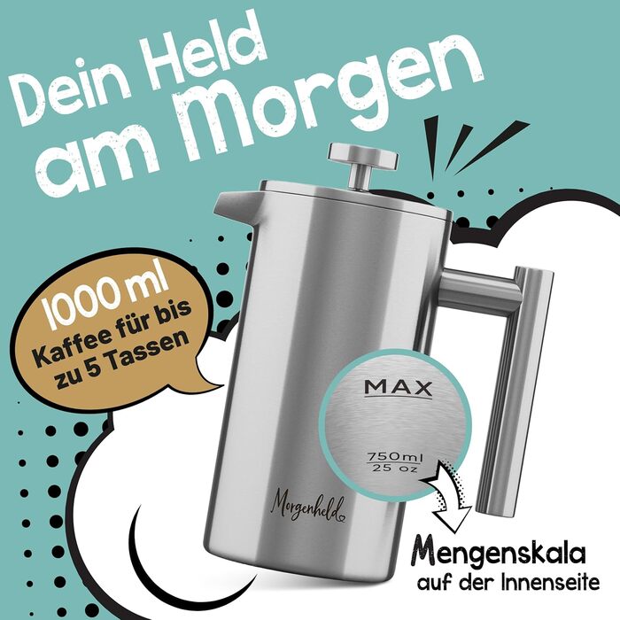 Morning Hero Premium Stainless Steel French Press, large size for 5 cups, 1000 ml, metal coffee press, induction suitable, 1l thermal insulated carafe, barista coffee maker, double-walled, manual coffee pot, 1000ml, 1000ml (5 cups)