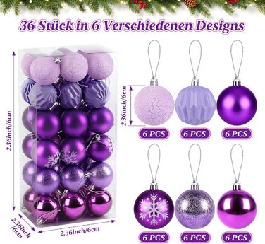 40 Штучних Різдвяних Кулі Прозорі з Кришкою, 6 см, Різдвяні Кулі з 5 Різними Дизайнами, Пластикові Кулі для Ялинки, Вікна, Внутрішнього та Зовнішнього Декору (Фіолетовий)