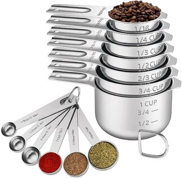 Measuring cup and spoon set, 7 stainless steel measuring cups and 6 stainless steel measuring spoons, kitchen aids for cooking and baking